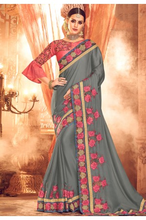 Gray satin party wear saree with frill sleeve  1905